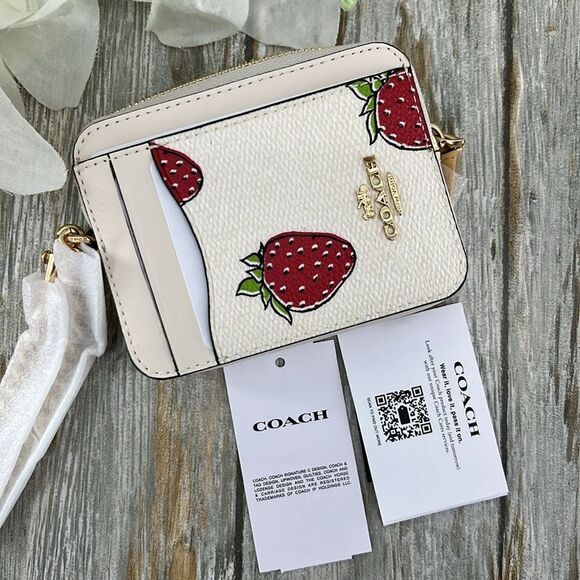 Coach Zip Card Case With Strawberry Print Wallet Bag Purse - Picture 7 of 11